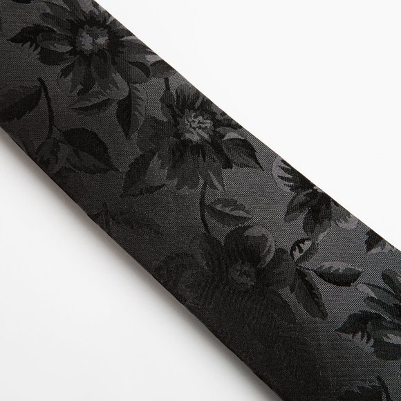 Grey Black Narrow Floral Silk Tie - Picture 2 of 4